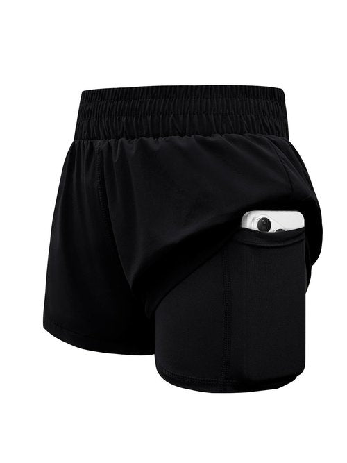 WIFFGO Girls Athletic Shorts Elastic High Waist 2 in 1 Shorts with Side Pockets Running Workout Sports for Teen Kids Black