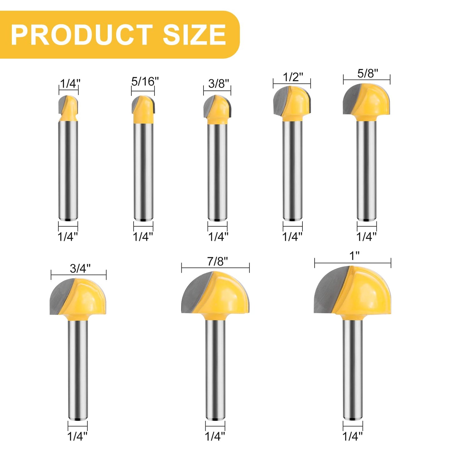UTRUSTTO Cove Box Router Bit Set 1/4 Inch Shank, 8 Pcs Solid Carbide Double Flute Cove Box Round Nose, Cutter for 1/4", 5/16", 3/8", 1/2", 5/8", 3/4", 7/8", 1" Cutting Diameter