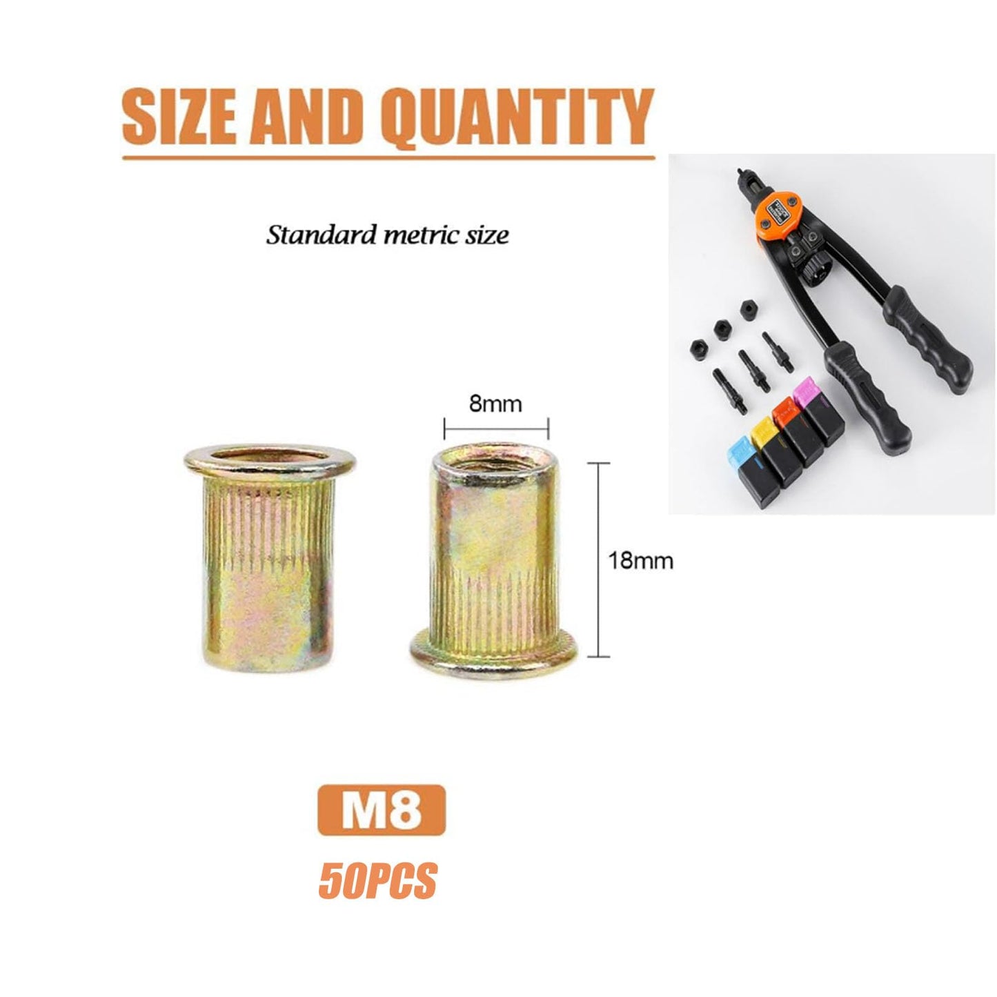 50pcs Carbon Steel Metric M8 Rivet Nuts Threaded Rivet Insert Nutsert Rivnuts Kit 8mm M8-1.25mm,for AutomotiveFurniture Decoration Electrical and Industrial Products.