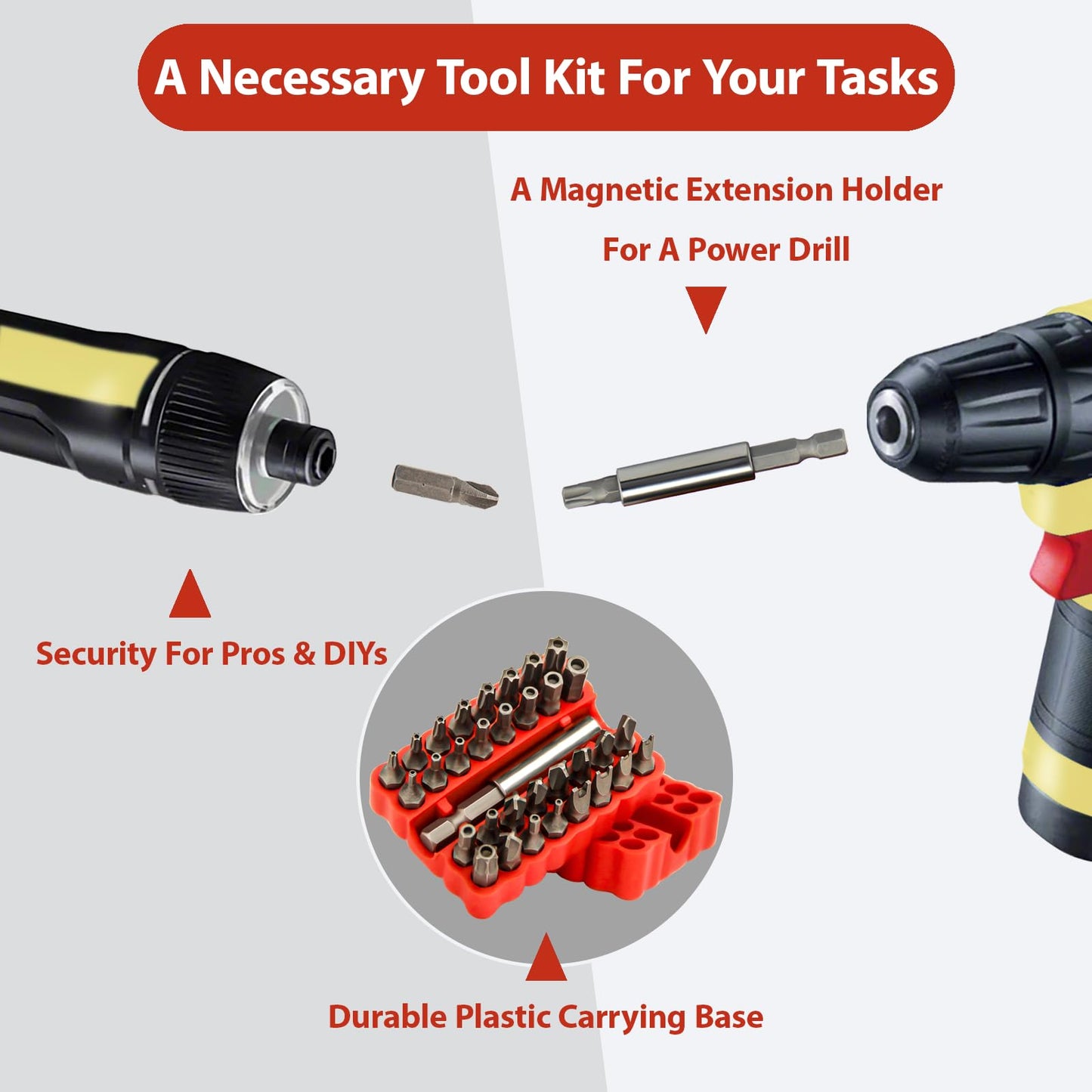 34pcs Security Bit Set 1/4 Inch Hex Shank Screwdriver Bit Set,Tamper Proof Bits-Torx+Hex+Tri Wing+Star+Spanner for Torx Security Screwdriver Set,High Hardness Impact Driver Bit Set(Red+Wrench)