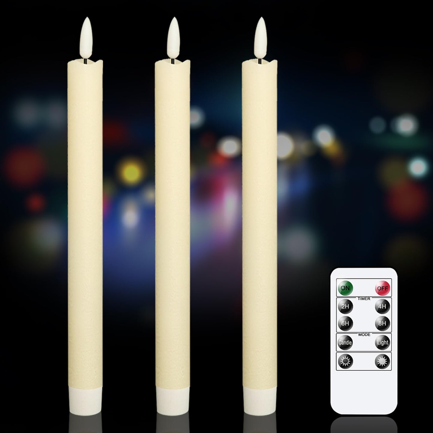 GenSwin Flameless Ivory Taper Candles Flickering with 10-Key Remote, Battery Operated Led Warm 3D Wick Light Window Candles Real Wax Pack of 3, Christmas Home Wedding Decor(0.78 X 9.64 Inch)