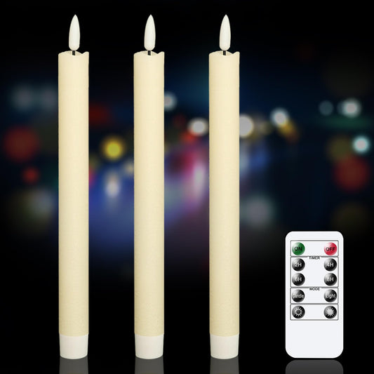 GenSwin Flameless Ivory Taper Candles Flickering with 10-Key Remote, Battery Operated Led Warm 3D Wick Light Window Candles Real Wax Pack of 3, Christmas Home Wedding Decor(0.78 X 9.64 Inch)