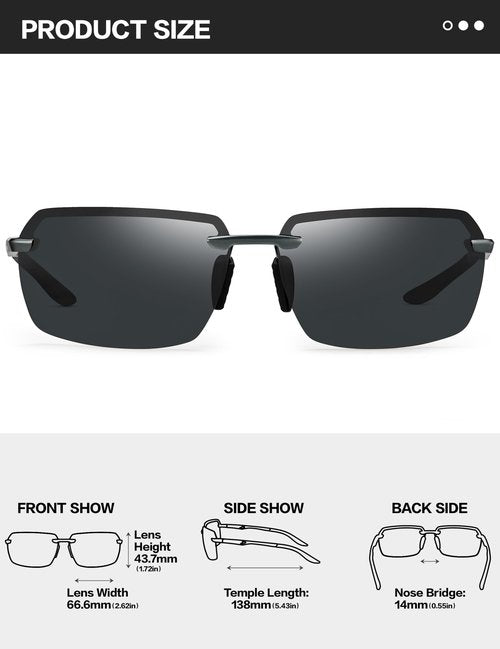 BIRCEN Mens Polarized Sunglasses for Driving: Rimless UV Protection Sun Glasses with Al-Mg Frame for Traveling Fishing