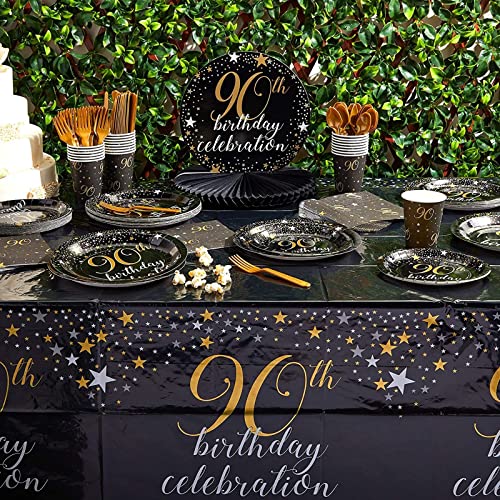 Sparkle and Bash 3 Pack Happy 90th Birthday Tablecloth, Disposable Plastic Cover (54 x 108 in) - Cheers to 90 Years Party Supplies