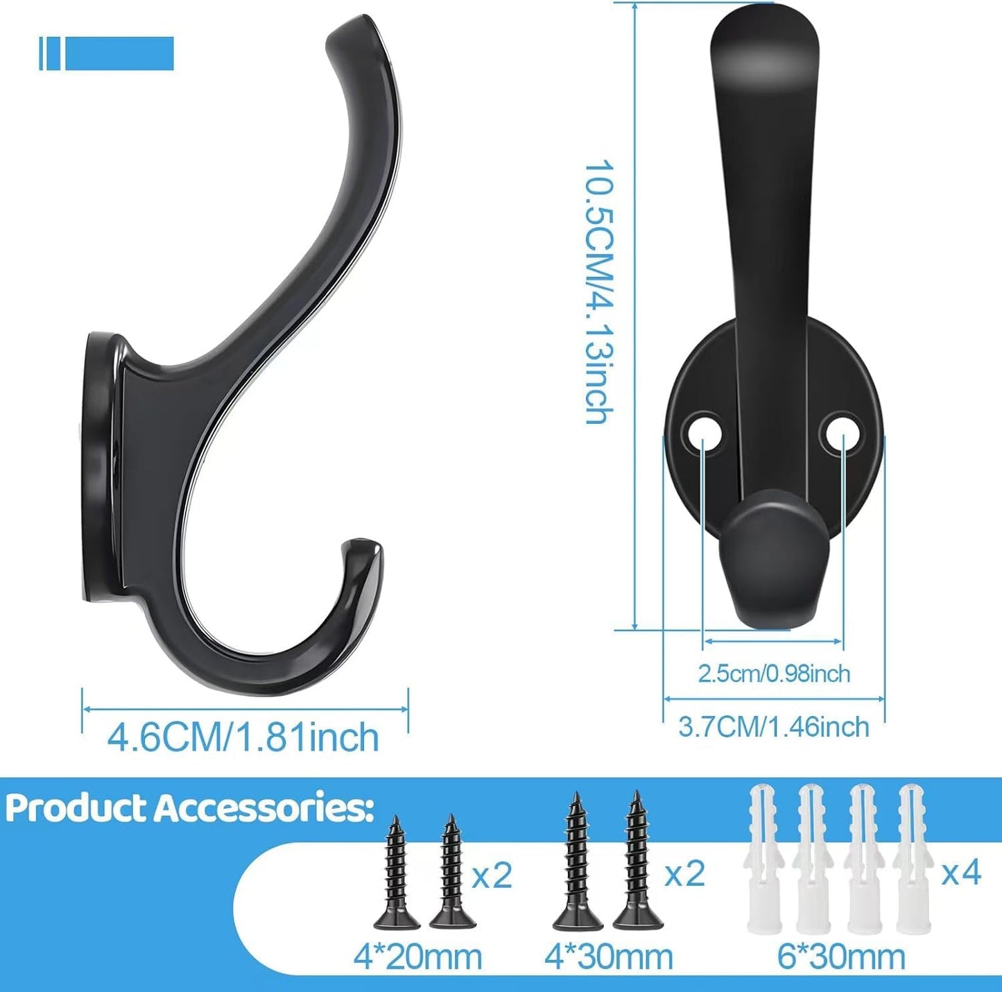 PEOIAOY 2 Pack Coat Hooks Wall Mount Heavy Duty Utility Retro Double Hooks for Hanging Coats,Hat, Towel, Key, Robe, Scarf, Bag, Cap (Black)