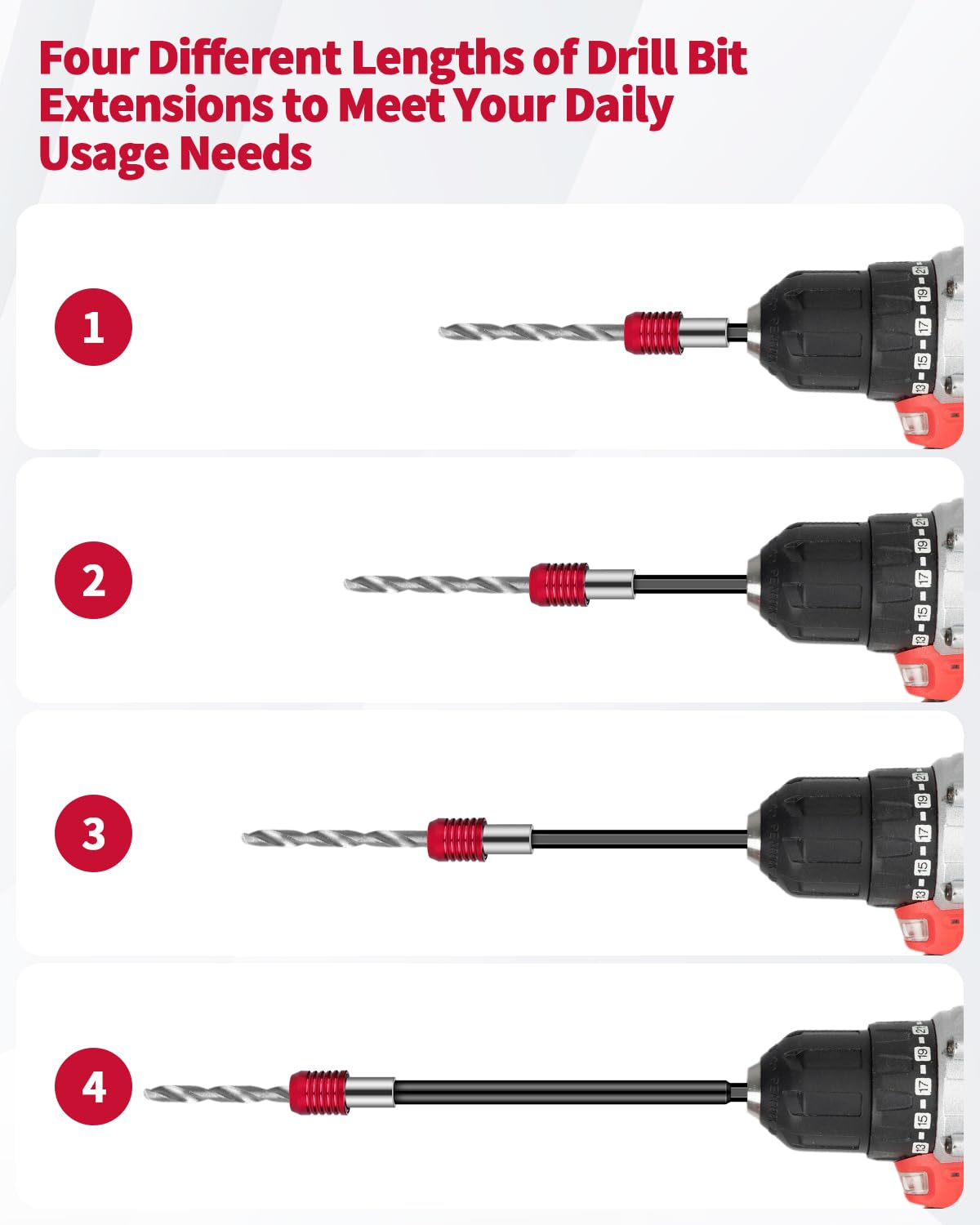 4 PCS Drill Bit Extension, 1/4" Hex Magnetic Drill Extension Bit Holder, Drill Extension for Impact Driver, 2", 4", 6", 12" Length, Durable Cr-V Steel, Perfect for Screws, Nuts and Drill Sockets
