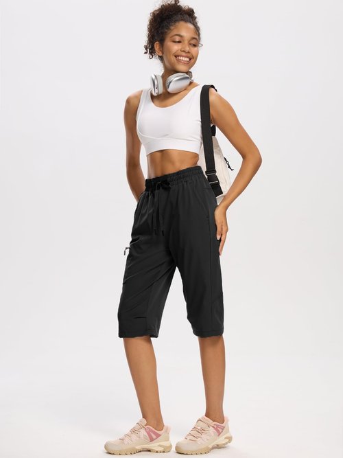DEVOROPA Women's Hiking Long Shorts Knee Length Lightweight Quick Dry Cargo Athletic Bermuda Beach Shorts with Zipper Pockets Black XL