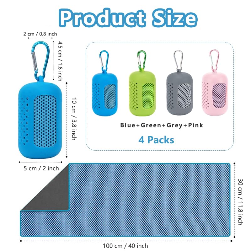 Aenfaiy 4-Pack Cooling Towels 40x12 in – Silicone Case, Carabiner & 4 Colors