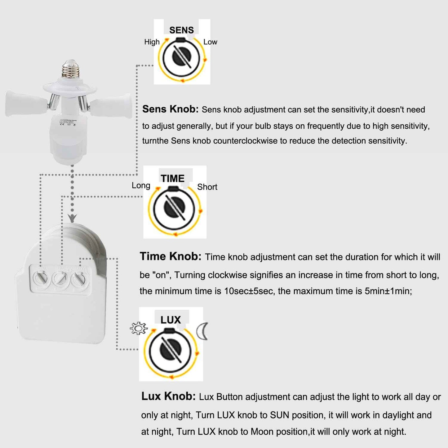 2 in 1 Light Socket Extender with Motion Sensor,Auto On/Off Motion Activated Light Sockets,E26/E27 to 2 Bulb Adapter,360 Degree Rotating 180 Degree Bending Indoor for Garage Basement(2 Pack)