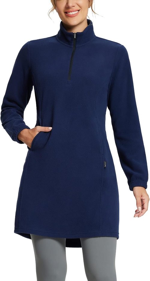 Baleaf Women's Fleece Dress - Warm Polar Quarter Zip Pullover Tunic with Pocket for Winter Travel