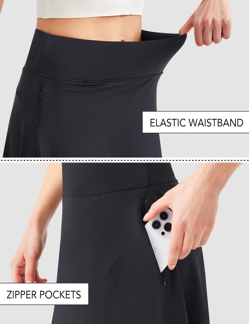 BELEROY Skirted Leggings for Women,Knee Length Leggings with Skirt Tennis Golf Athletic Skirt Legging with Zipper Pockets（Black,L）