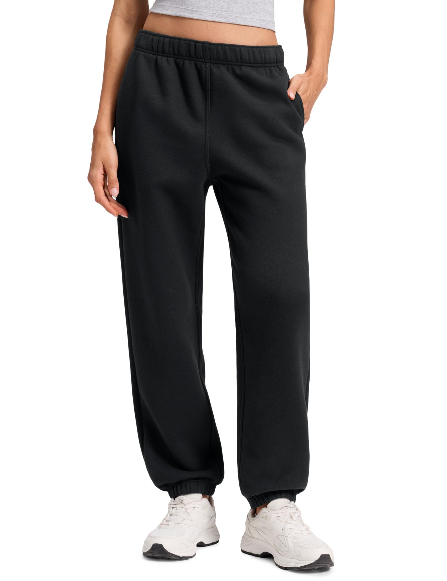 CRZ YOGA Cotton Fleece Lined Jogger Sweatpants Women 28" - Casual Lounge Travel Pants with Pockets Winter Warm Black Small