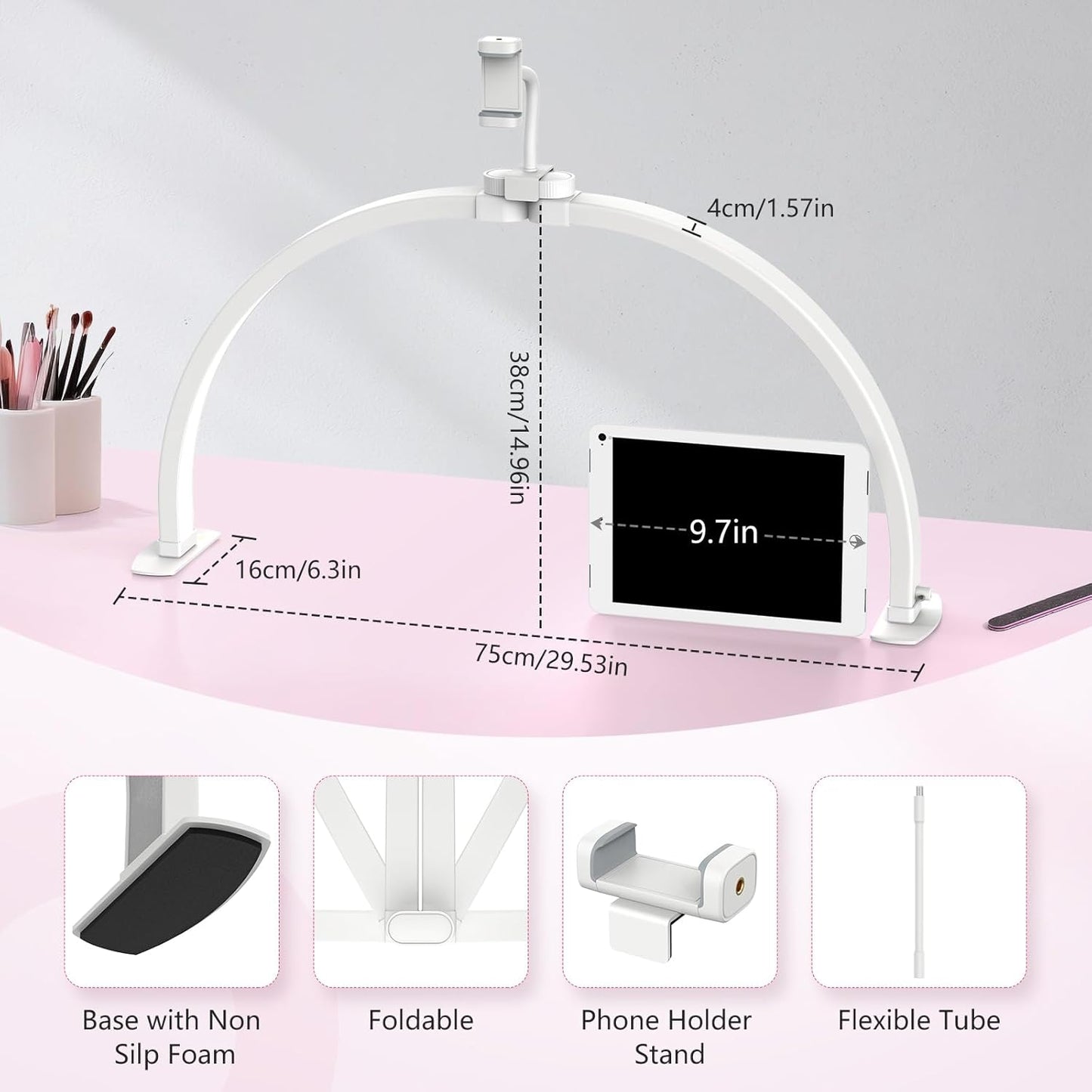 Yokilly Foldable Half Moon Nail Desk Lamp with Phone Holder - 3 Color Modes & 10 Brightness Levels for Manicure Salon