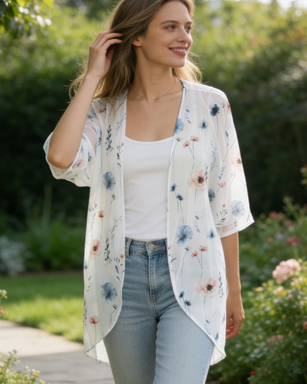 Women's Floral Kimono Print Puff Sleeve Loose Cardigan Cover Up Casual Blouse Tops (White Blue Flower, S)