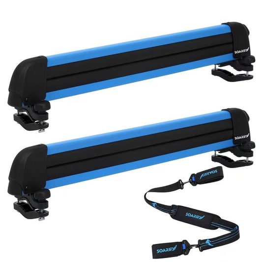 SOARIFY Multi-Purpose Alumium Blue Ski Rack with ski Strap Carrier, Roof Holder Carrier for Skis, Snowboards, Fishing Rods, Paddles, Skateboards, Wakeboard, Universal Mounting, Locking, Heavy Duty