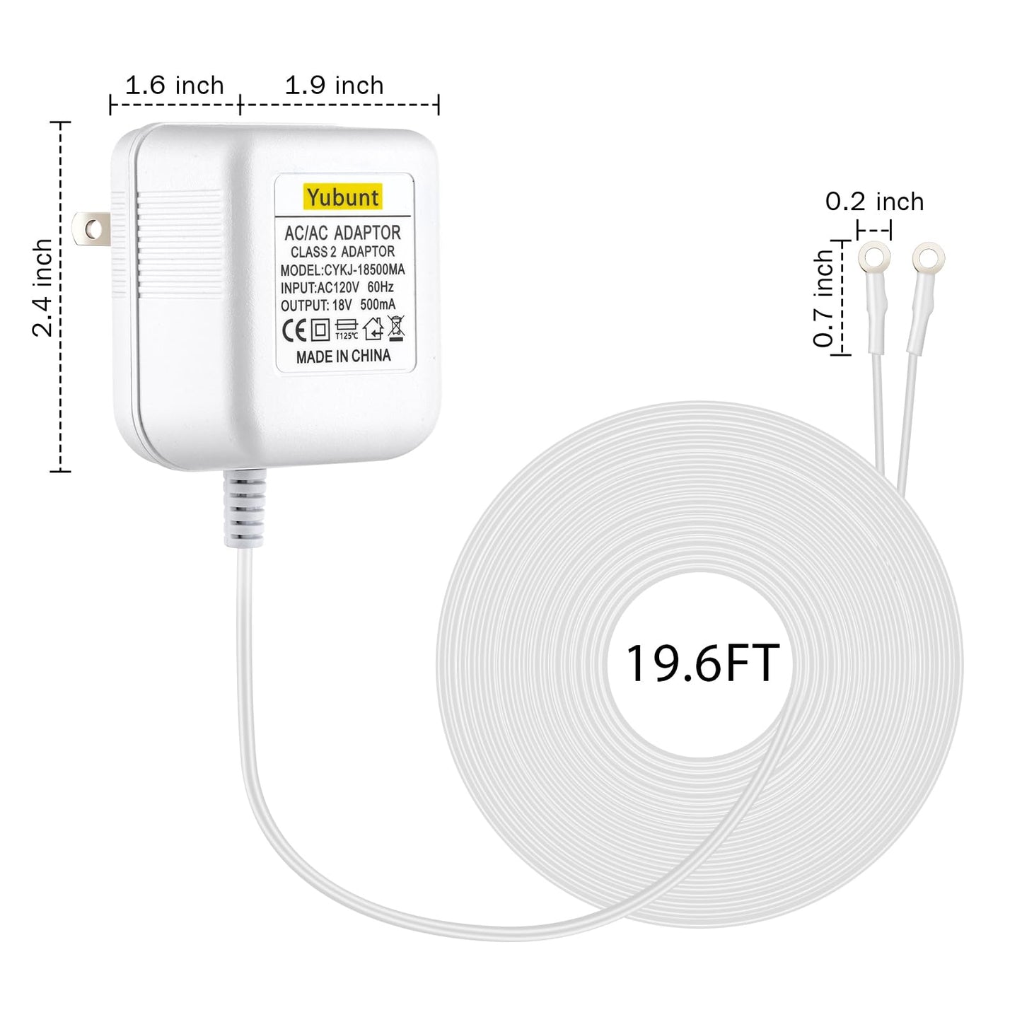 18V 500mA Doorbell Transformer, Video Doorbell Power Adapter Compatible with Nest, Wyze, Eufy, Ring, and Arlo Wireless Video Doorbells. White-1Pcs (19.6Ft Power Cord)