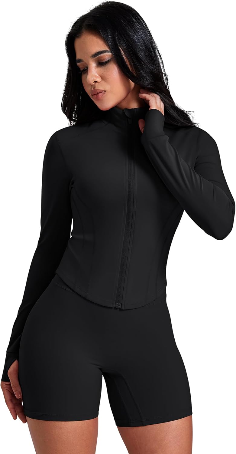 AVGO Women's Workout Jacket - Lightweight Zip-Up Crop Top for Running | Slim Fit with Thumb Holes