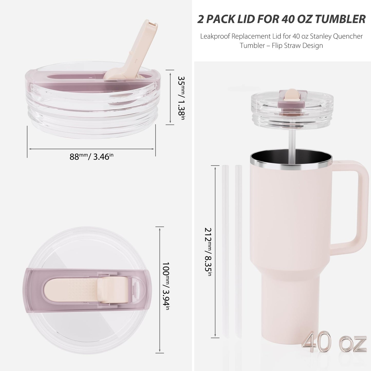 CeleVista 2 Pack 40 oz Flip Straw Lid for STANLEY Quencher ProTour and H2.0 FlowState Tumbler(Only for STANLEY Tumbler), Leakproof Lid, No Spill & Easy to Use Reusable Cover(Rose Quartz)