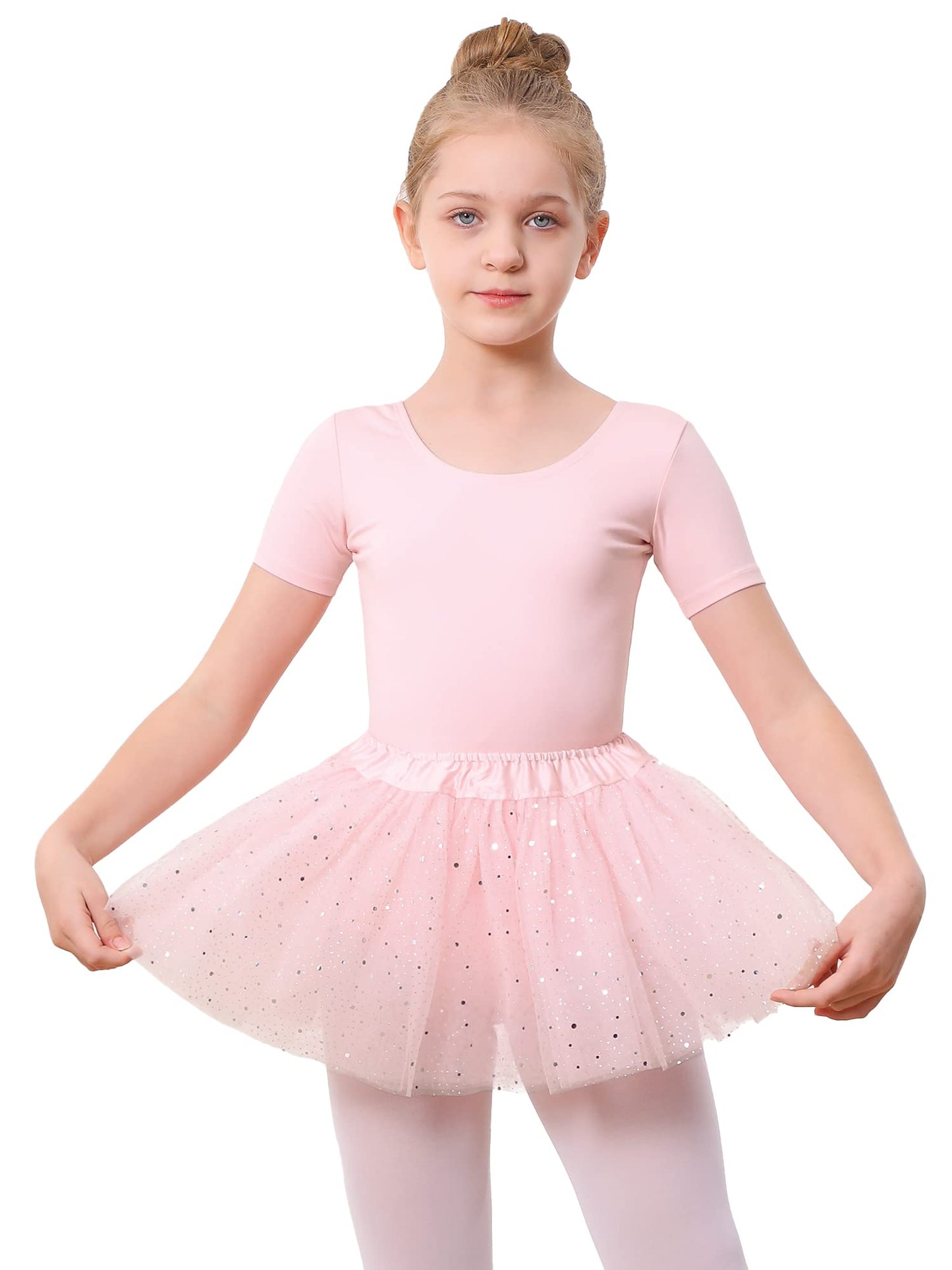 Stelle Girls Ballet Leotards Toddler Dance Outfit Combo with Shiny Tutu Skirt and Tights (Ballet Pink,2-3T)