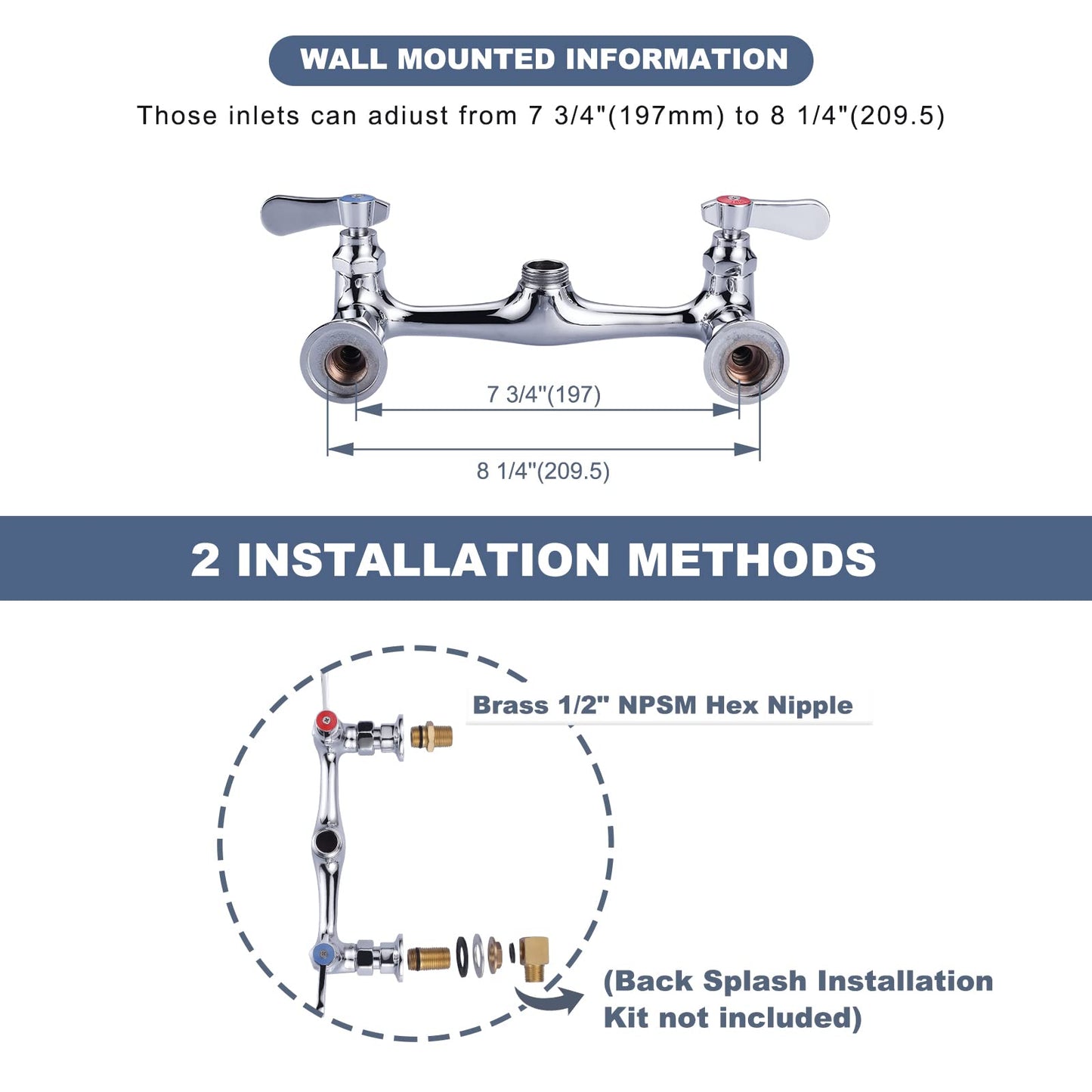 iVIGA Commercial Sink Faucet with 12” Swivel Spout, 8" Center Wall Mount Kitchen Faucet, Dual Handles Brass Utility Sink Faucet for Laundry Room Restaurant Compartment Sink, Polish Chrome