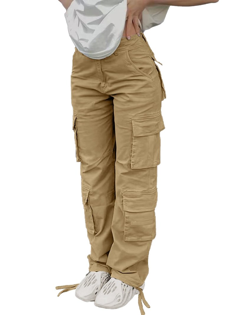 SDNGED Women's High Waisted Cargo Pants Travel Y2K Streetwear Baggy Stretchy Pants with Pockets Drawstring Ankle Cuffs Khaki