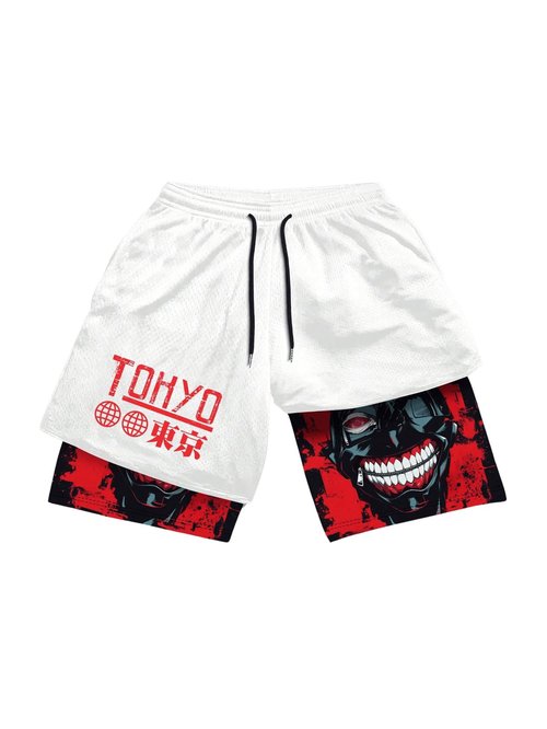 GORGLITTER Men's 2 in 1 Anime Graphic Gym Shorts Quick Dry Drawstring Mesh Athletic Running Shorts with Liner White Medium