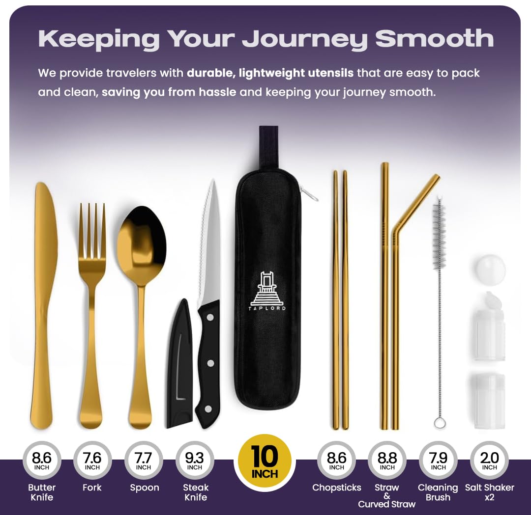 Taplord Portable Travel Silverware Set With Case, Includes 10 Pcs of Travel Utensils With Case, Stainless Steel Flatware Set For Camping, Lightweight (Gold)