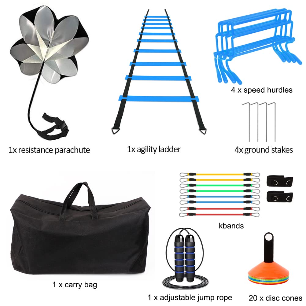 HOTOOLME Speed Agility Training Equipment Set - Includes Agility Ladder, Running Parachute, 8 Resistance Bands,20 Cones, 4 Hurdles, Jump Rope for Training Football, Soccer, Basketball Athletes