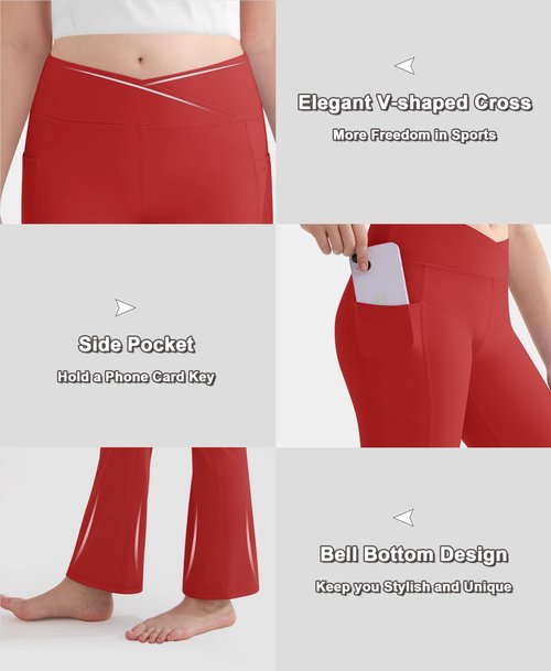 DOCUMO Girls Flare Leggings with Pockets - Crossover Waist Bell Bottoms Full Length Bootcut Leggings for Girls Yoga Dance Athletic Pants Kids (Red, Small)