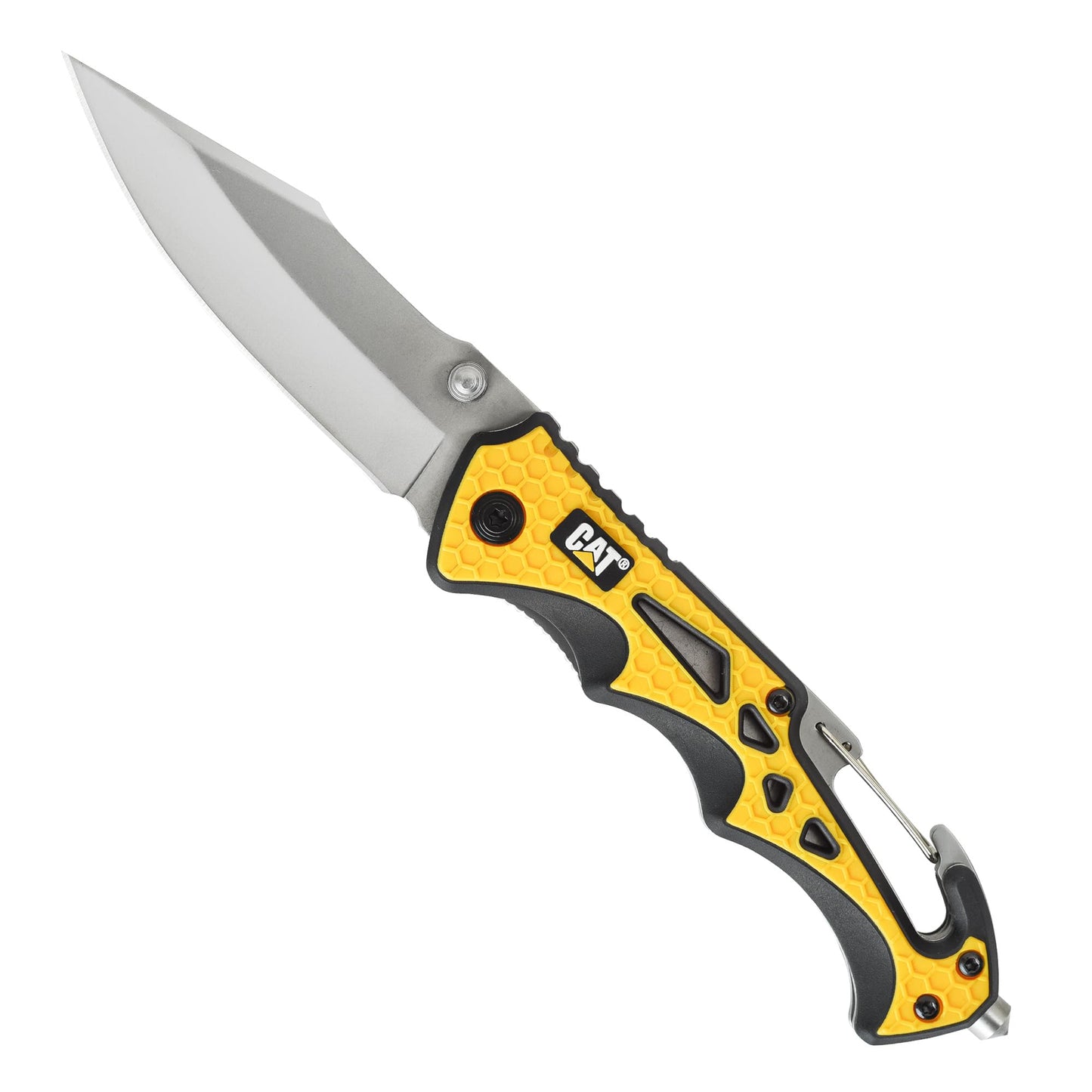 Cat 7-3/4 Inch Drop Point Folding Pocket Knife with Glass Break and Carabiner, Camping, Outdoors, Handy Pocket Clip, and Dual Thumb Studs, Every Day Carry - 980524