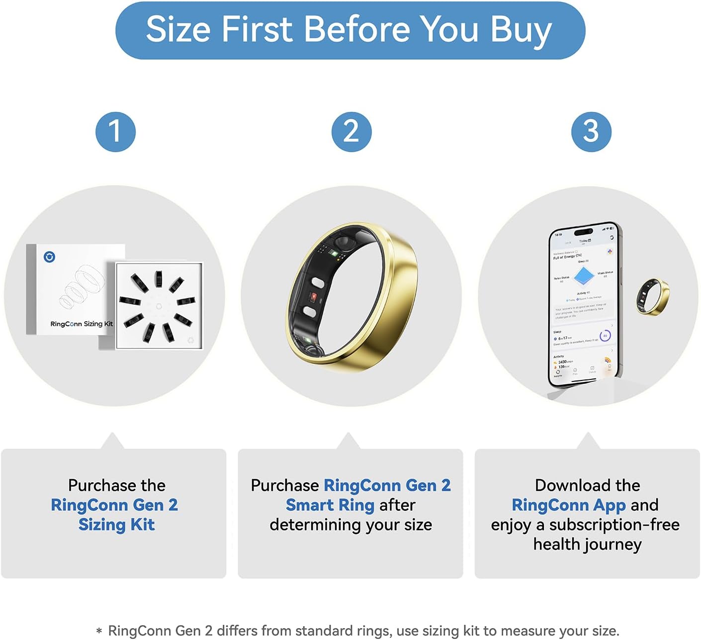 RingConn Gen 2 Smart Ring - Sleep Apnea Monitoring & Health Tracker | 12-Day Battery Life, Gold, Size 10