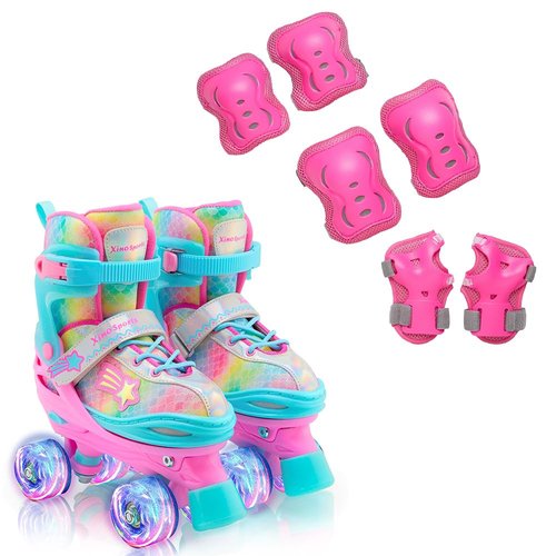 Rainbow Roller Skates (S) + Pink Protective Gear Bundle