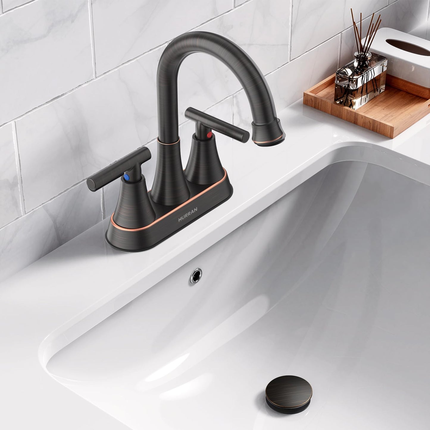 Bathroom Sink Drain with Overflow, Hurran Universal Bathroom Sink Stopper for Bathroom Vanity Vessel Sink, Plastic Pop-up Sink Drain with Hair Catcher Anti-Clog Strainer, Oil Rubbed Bronze