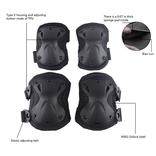AOUTACC Combat Knee & Elbow Protective Pads Set for Outdoor CS Paintball Game Cycling Safety Skateboarding Gear Skates Knee Protection Guard Pads (Black)