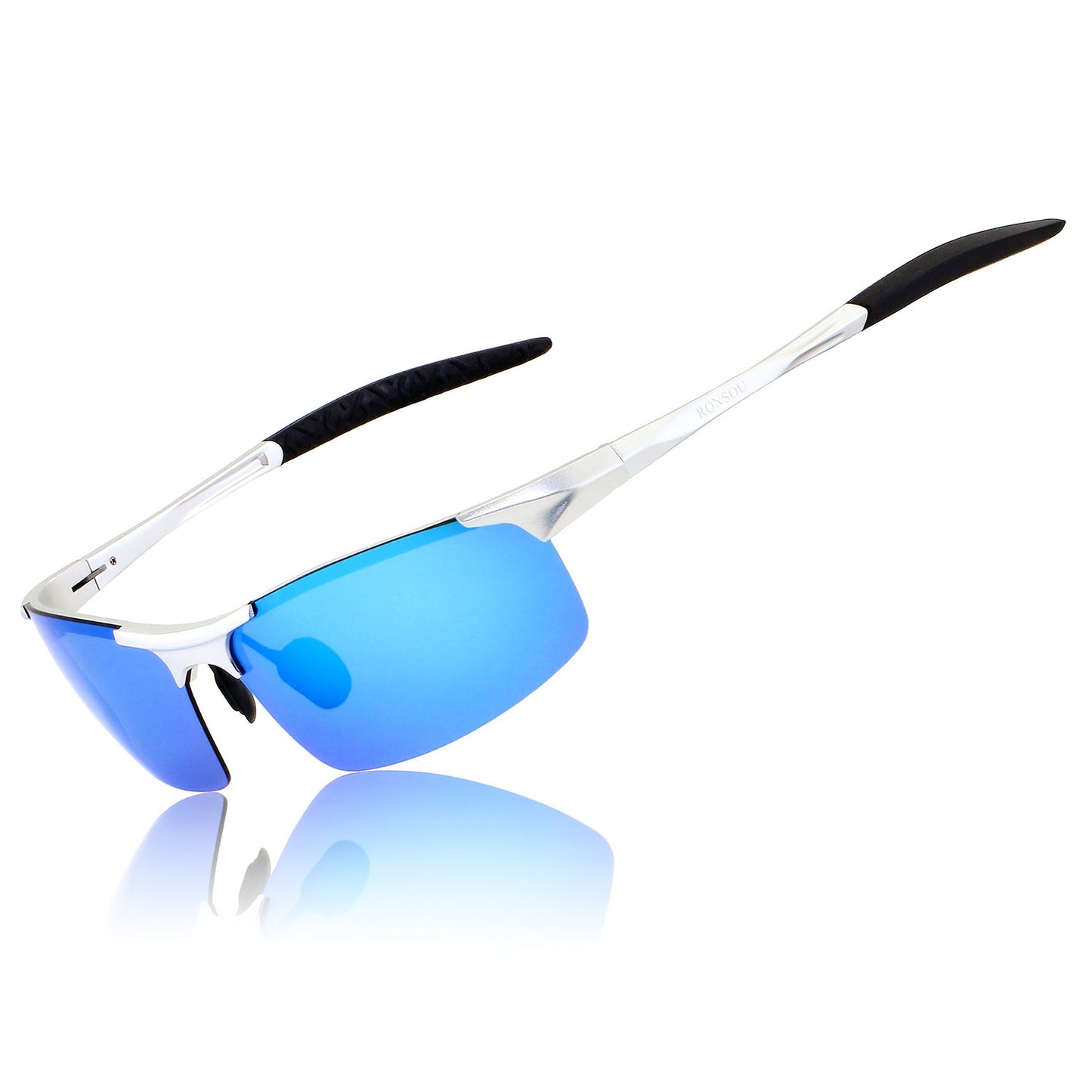RONSOU Men Sport Al-Mg Polarized Sunglasses Unbreakable for Driving Cycling Fishing Golf silver frame/blue lens