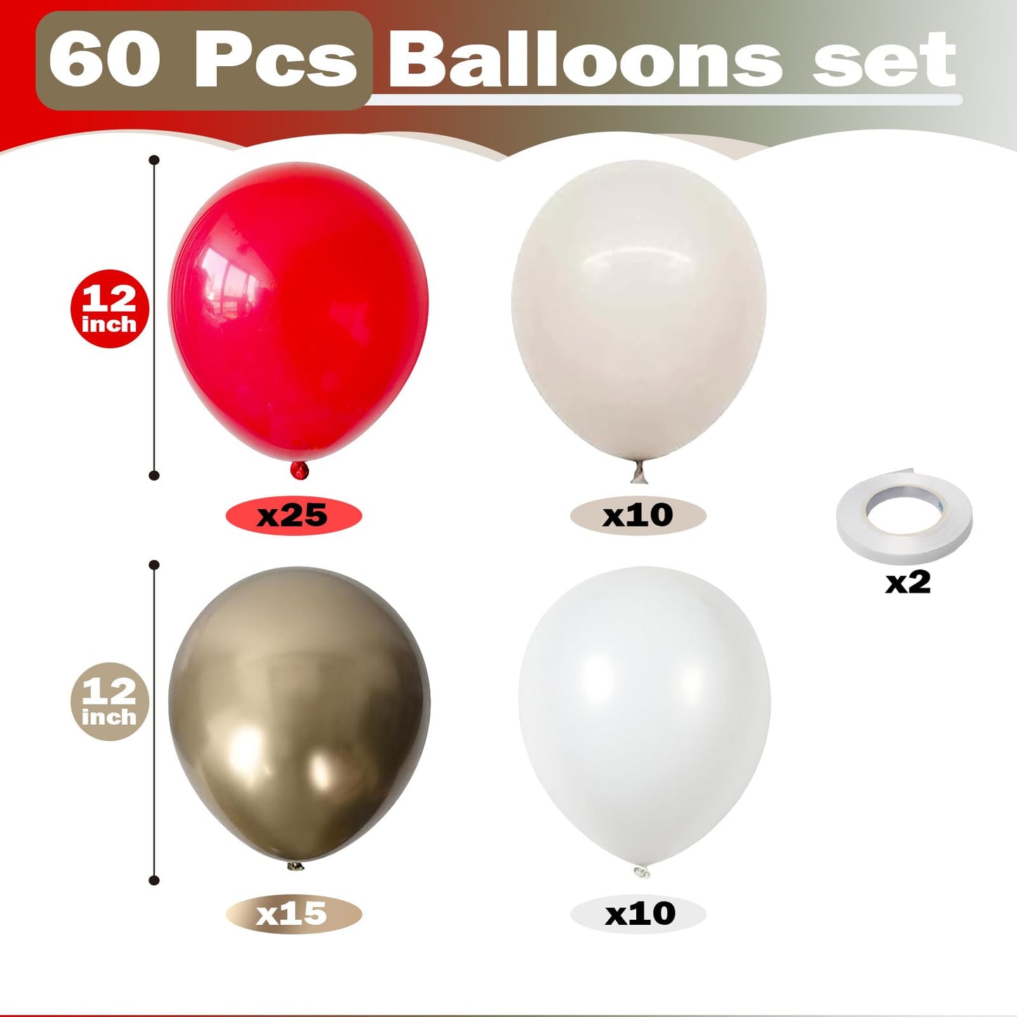 Red White Gold Balloon, 60 Pack 12 Inch Red Gold Balloon for Mother's Day Valentine's Day Women Birthday Wedding Bridal Shower Christmas Xmas Party Decorations
