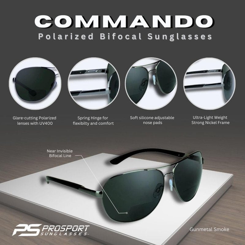 proSPORT Aviator Polarized Bifocal Sunglass Readers Fishing Driving Gray Lens Metal Spring Hinge Men Women 2.5 1.50 1.75 2.00 2.25