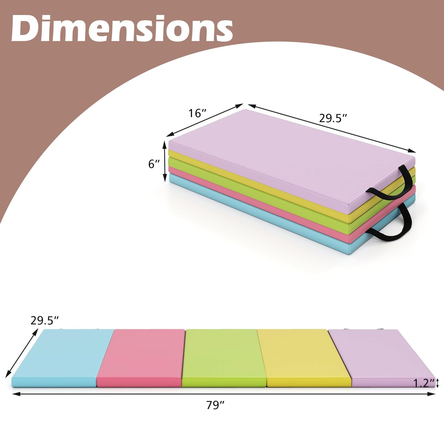 Goplus Gymnastics Mat, 6.6'x2.5' 5-Panel Folding Tumbling Mat w/Carrying Handles, Hook&Loop Fastener, Portable PU Leather Rainbow Exercise Mat for Home Gym Aerobics Yoga