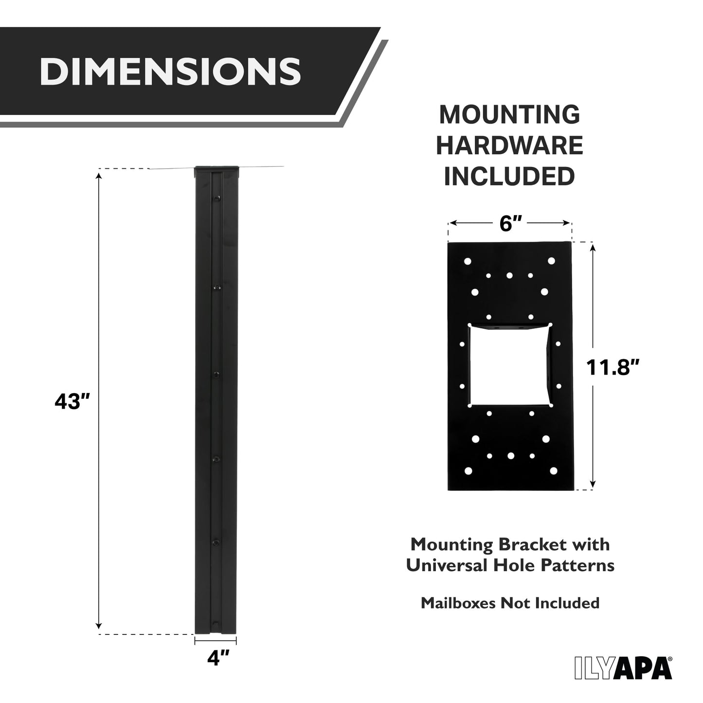 Ilyapa Black Mailbox Post for Outside, 43x4x4 inch Modern Metal Post Sleeve with Universal Mounting Plate Bracket for Curbside Residential Mailbox, Heavy Duty Outside Mailbox with Grooved Sides
