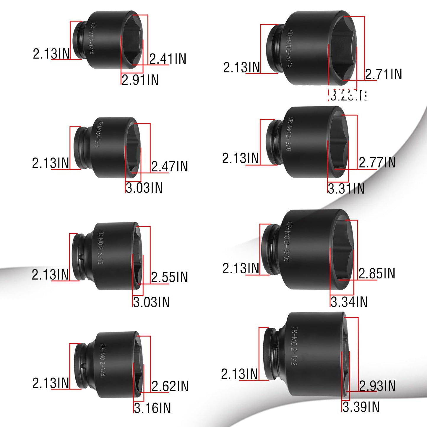 8PCS 3/4" Drive Spindle Axle Nut Impact Large Socket Set, 2-1/16" to 2-1/2", CR-MO Steel, 6-Point