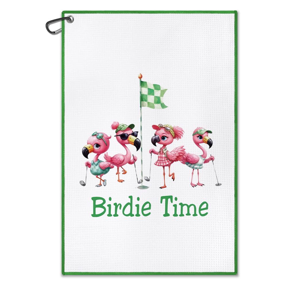 DYJYBMY Birdie Time Funny Printed Golf Towel with Clip, Novelty Golf Towels, Cute Birdie Golfer Gifts for Mom Women Aunt Flamingo Lover Golf Lover Golf Club