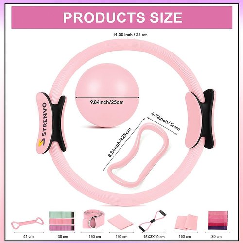 Strenvo Yoga Pilates Ring Set for Home Workouts – 18 Pcs Fitness Kit for Women – Resistance & Toning Accessories with Circle Ring, Ideal for Full Body Toning & Flexibility (Pink)