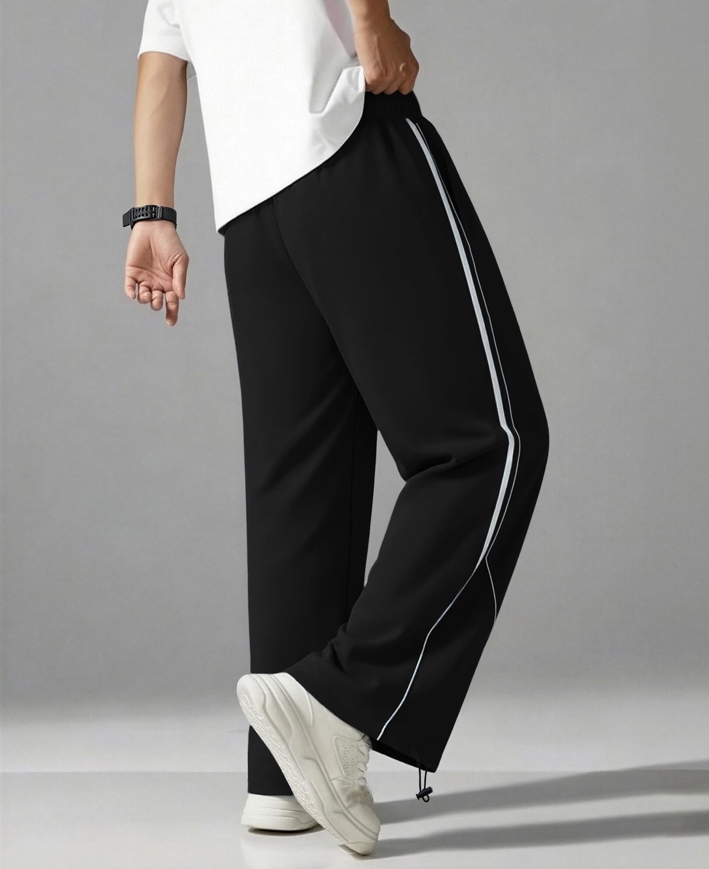 Susclude Baggy Sweatpants Wide Leg Y2k Track Pants Casual Spring Stretch Drawstring Elastic Waist Side Stripe Pants with Pockets Black