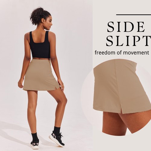 Ekouaer High Waisted Skort for Women 16 Inch Silicone Grippers Golf Skirts for Woman Workout Skirt Tennis Skirt,Khaki Medium