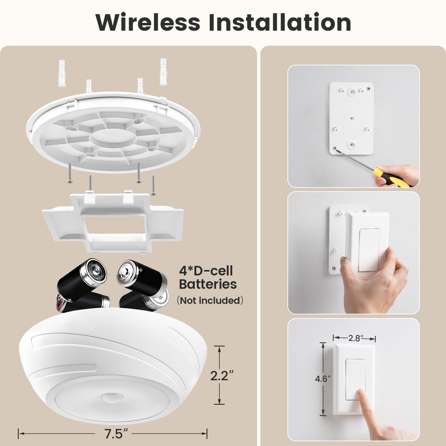SURAIELEC Battery Ceiling Light with Wall Switch, Motion Sensor Light Indoor, Wireless Wall Switch Remote, 6500K, 300LM, Battery Powered Ceiling Light for Closet, Pantry, Laundry, and Shed, 1-Pack