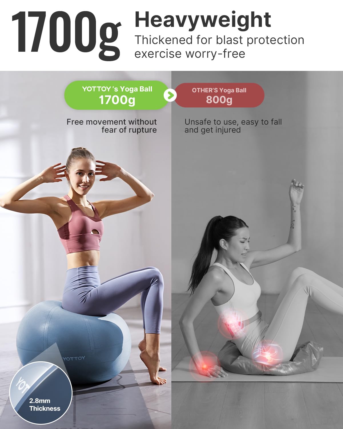 YOTTOY Anti-Burst Exercise Ball for Working Out, Yoga Ball for Pregnancy,Extra Thick Workout for Physical Therapy,Stability Ball for Chair Fitness with Pump (Blue)