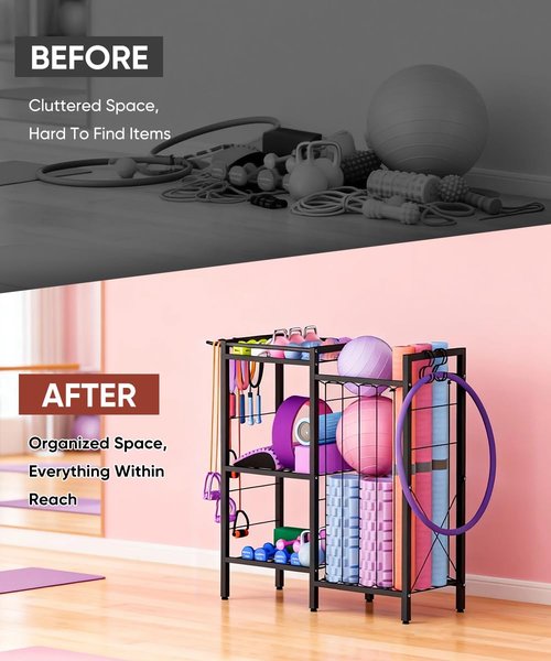Fiwithy 3 Tiers Dumbbells Yoga Mat Storage Rack with Elastic Straps for Kettlebells Foam Roller Resistance Bands Balls, Workout Equipment Organizer Weight Storage Holder with Hooks for Home Gym, Black