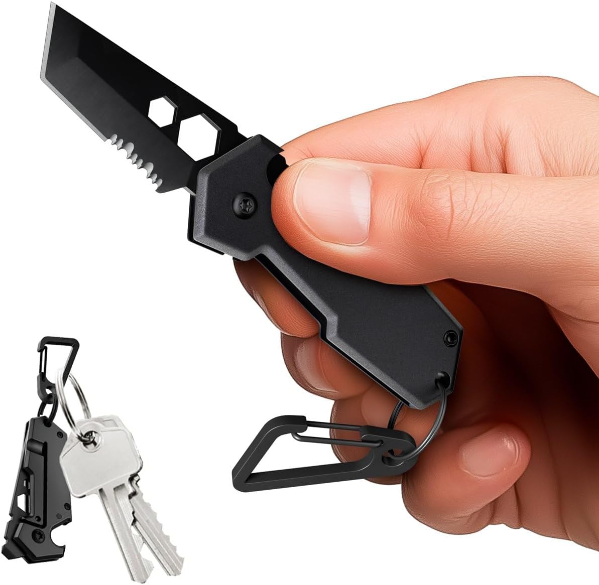 Mini Keychain Knife by [Brand Name] - 1.3” Tanto Serrated Blade | 6-in-1 Black Multitool with Carabiner