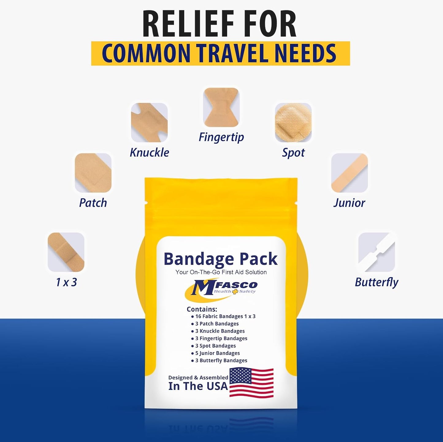 MFASCO First Aid Kit Bandage Refill Pack - Assorted Fabric Bandaids for Quick Relief - Small & Portable