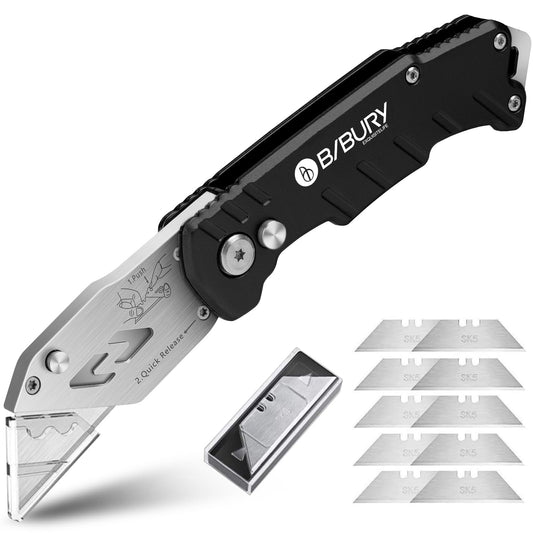 Utility Knife, BIBURY Upgraded Version Heavy Duty Box Cutter, Pocket Carpet knife with 10 Replaceable SK5 Stainless Steel Blades, Belt Clip, Easy Release Button, Quick Change and Safety Lock